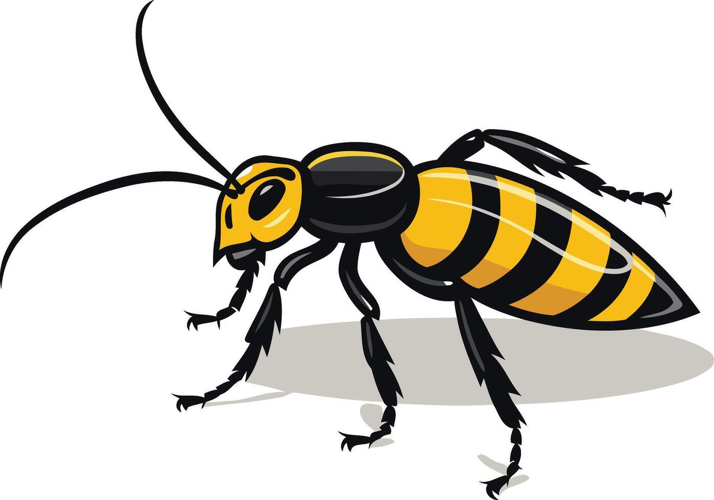 Cartoon illustration of a yellow and black striped wasp with a menacing expression, isolated on a white background vector