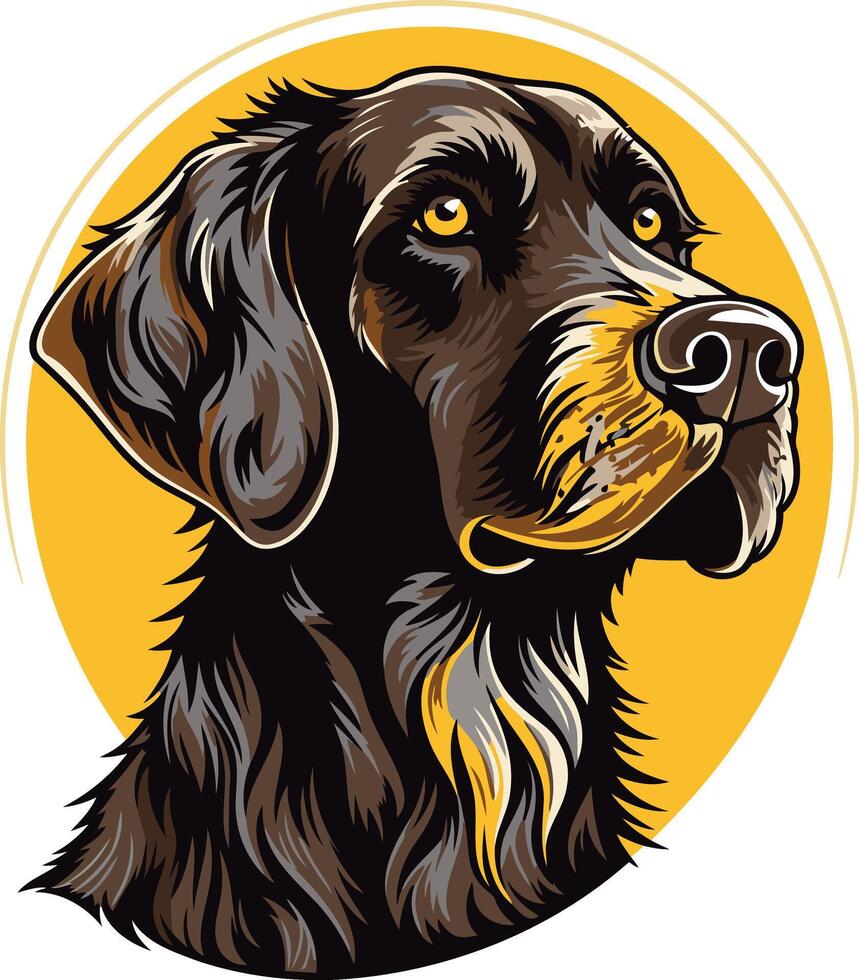 A detailed illustration of a black labrador retriever s head, captured in profile against a yellow circular background vector
