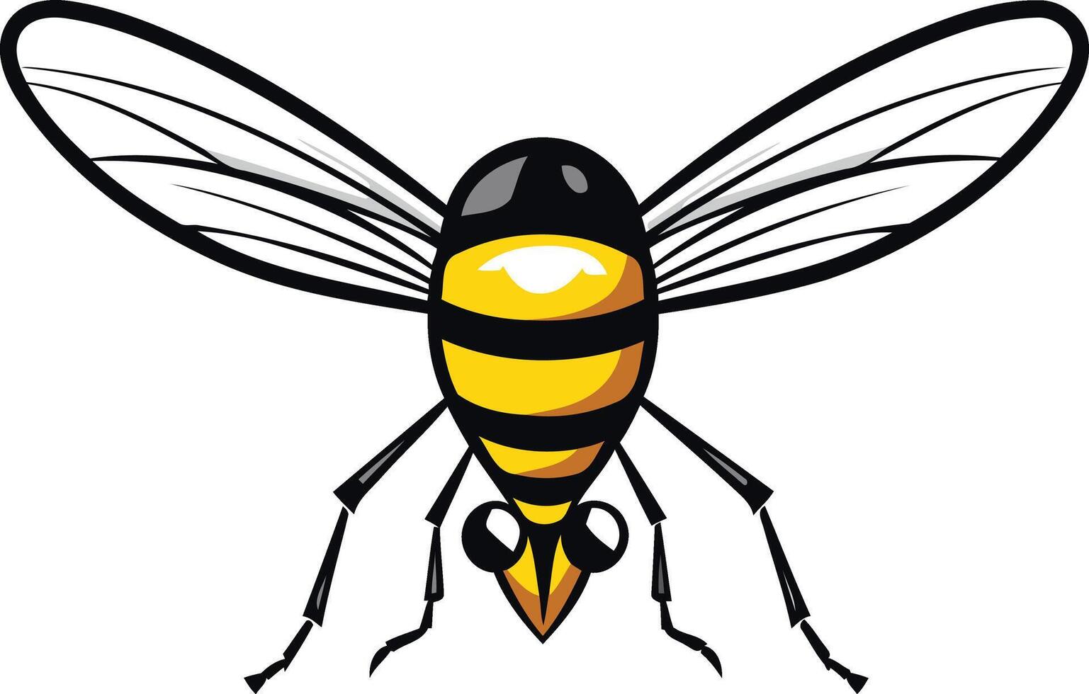 A simple cartoon illustration of a bee with large wings, black eyes, and a yellow and black striped body vector