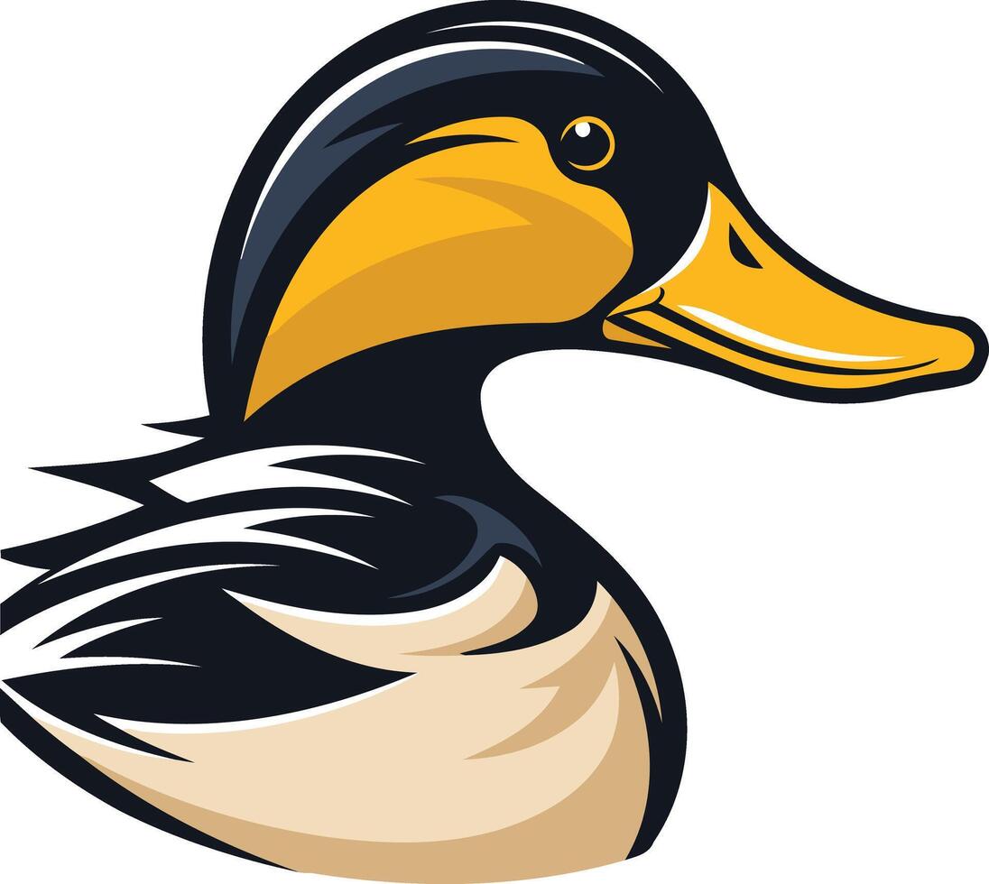 A bold and striking illustration of a duck s head, featuring a vibrant yellow beak and a sleek black and white design vector