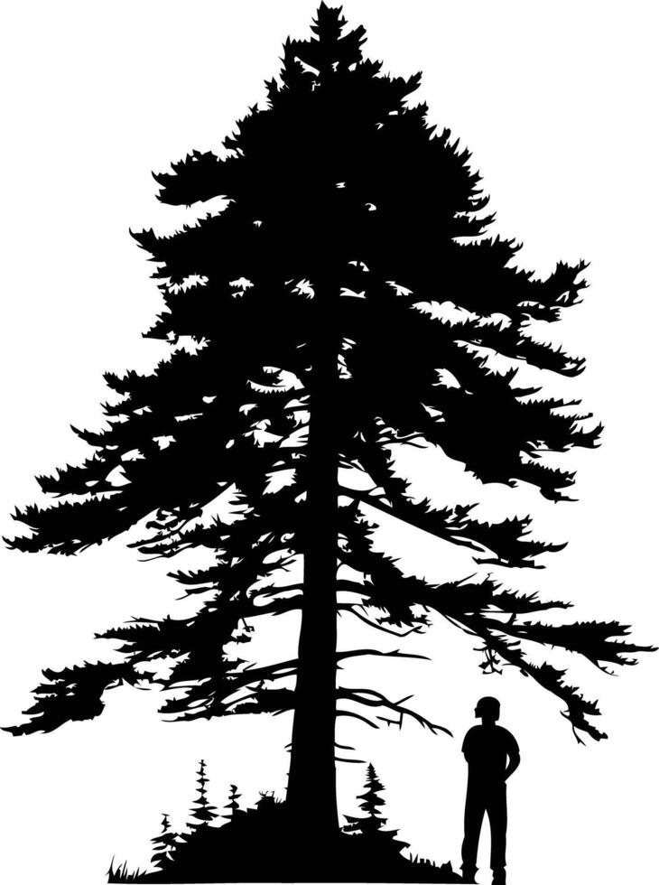 A solitary figure stands silhouetted against a towering pine tree, creating a striking image of nature s majesty and human scale vector