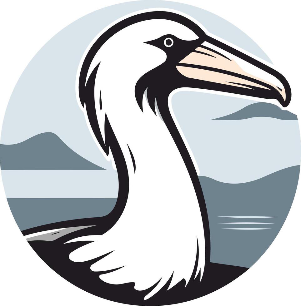 A simple, bold illustration of a gannet bird s head with a blue and white landscape backdrop vector
