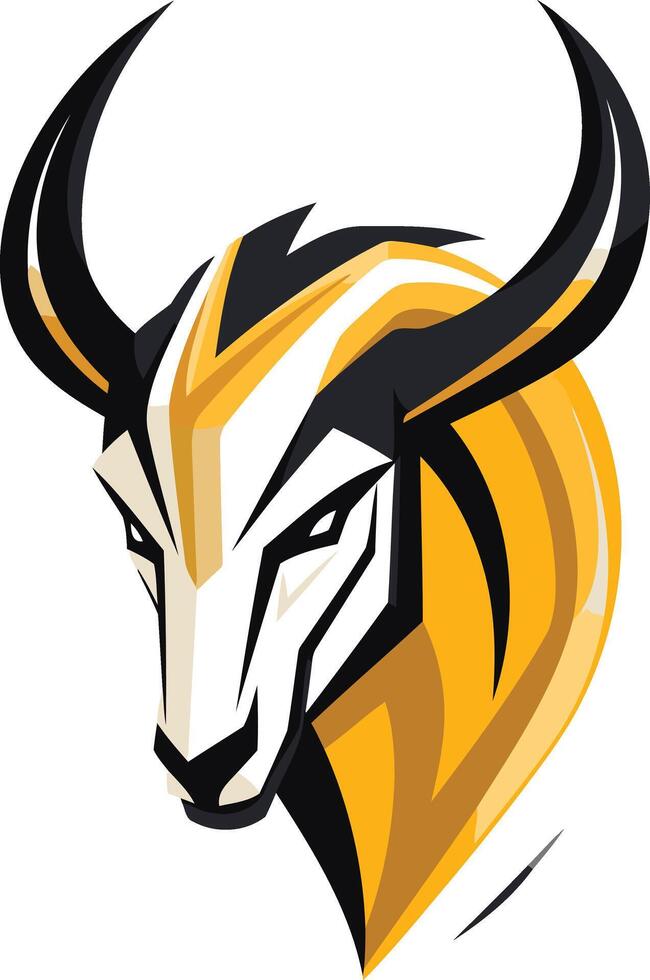 Bold and powerful, this stylized bull s head logo design features a striking color palette of yellow, white, and black vector