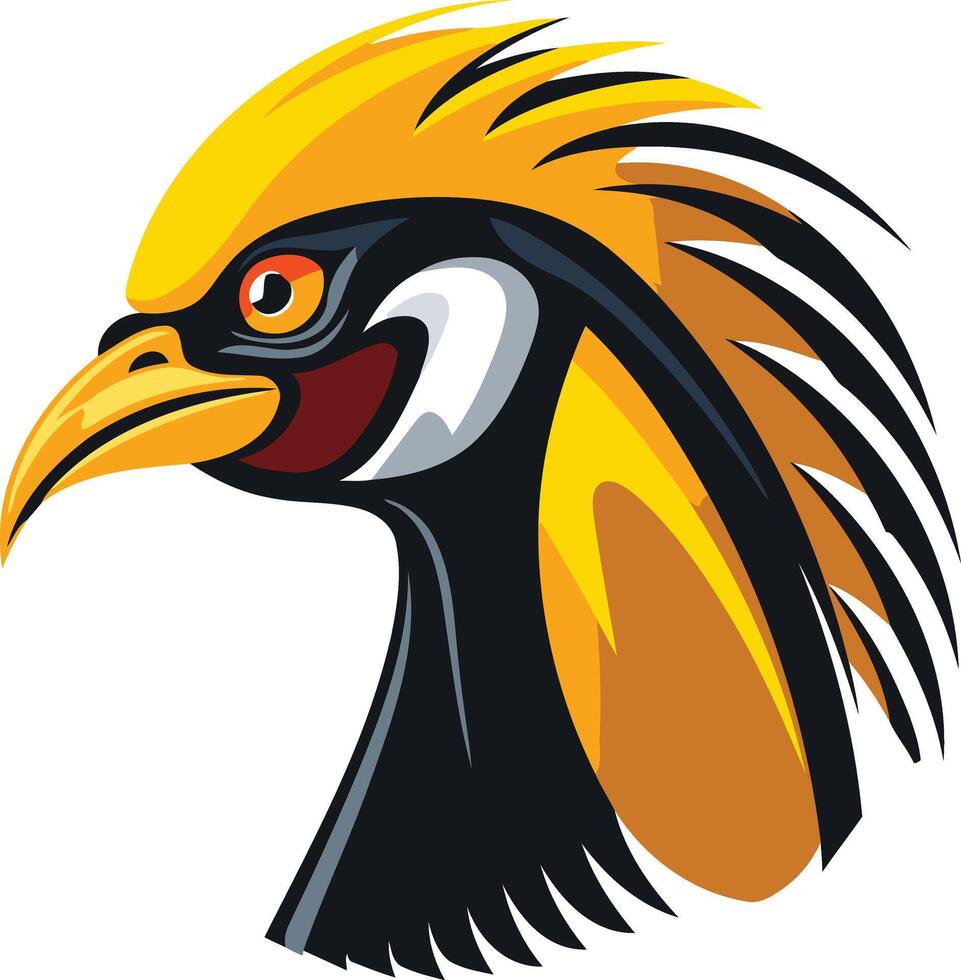 A bold, stylized illustration of a bird s head with a striking yellow crest and black feathers vector