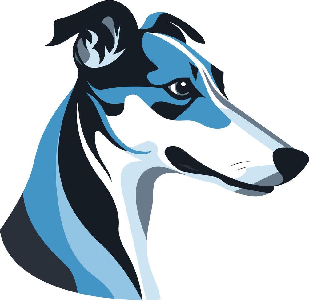 A stylized, minimalist illustration of a greyhound s head, featuring a blue and black color scheme vector