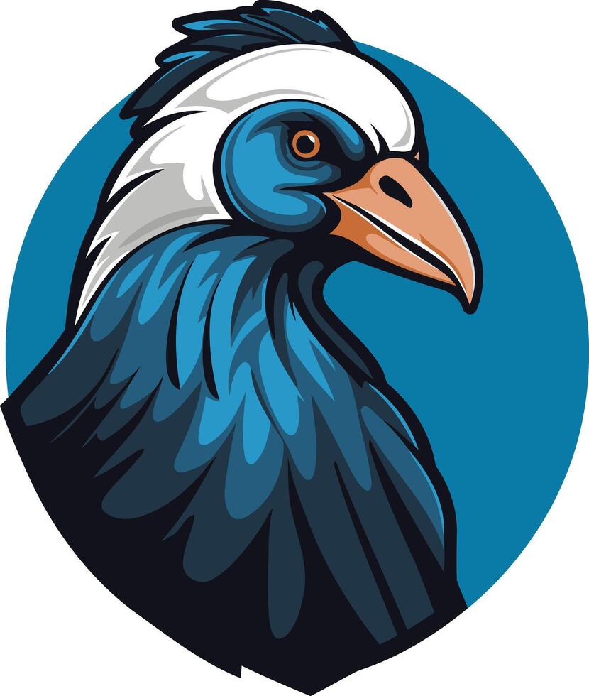 A striking illustration of a blue and white bird s head, rendered in a dynamic cartoon style vector