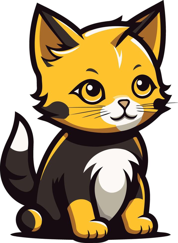 Cute cartoon cat with black, white, and yellow fur, sitting with a friendly expression vector
