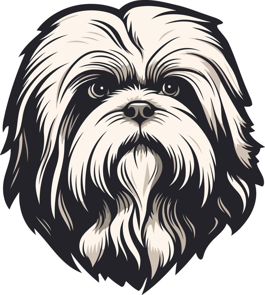 A striking, detailed illustration of a shih tzu s face, rendered in black and white vector