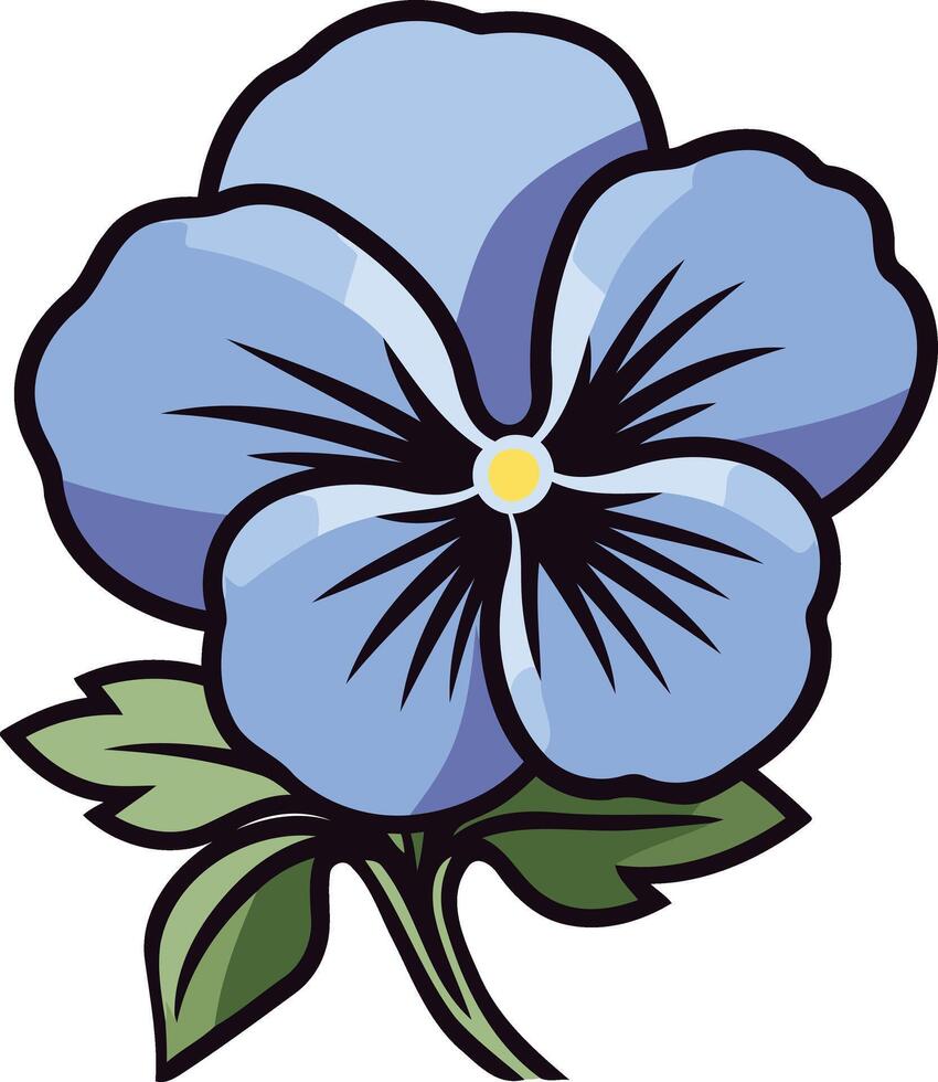 Cute cartoon illustration of a single blue pansy flower with green leaves vector