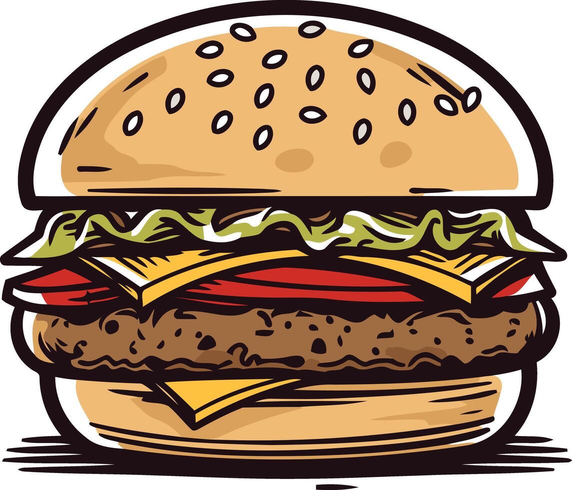 A delicious cartoon burger with all the fixings lettuce, tomato, cheese, and a sesame seed bun vector