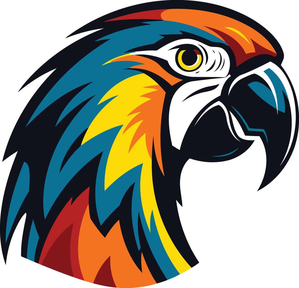 Bold and colorful illustration of a macaw s head, perfect for creating eye catching logos, branding, and designs vector