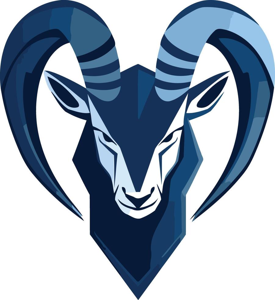 A bold, stylized illustration of a ram s head, featuring a blue color scheme and prominent horns vector
