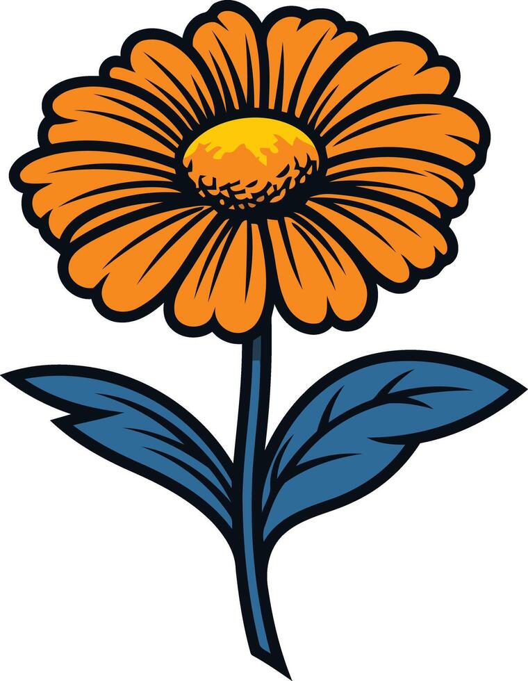 A cheerful cartoon illustration of a single orange daisy with two green leaves, perfect for branding, design projects, and children s products vector