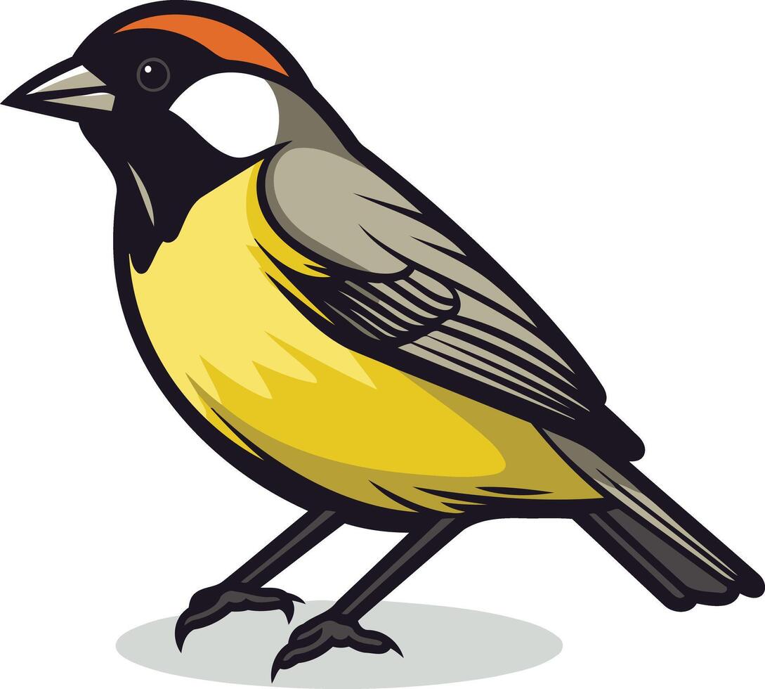 A vibrant, cartoon style illustration of a small yellow bird with a red crest vector