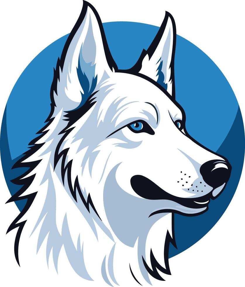 A striking element illustration of a white wolf s head in profile, set against a vibrant blue circular background vector