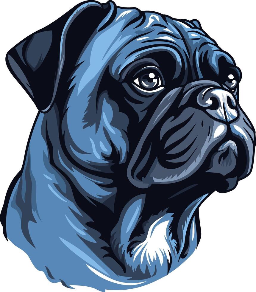 A bold, element illustration of a french bulldog s head, depicted in a blue and black color scheme vector