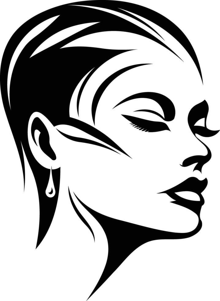 A stunning black and white illustration of a woman s face, featuring striking eyes, elegant lines, and a delicate earring vector