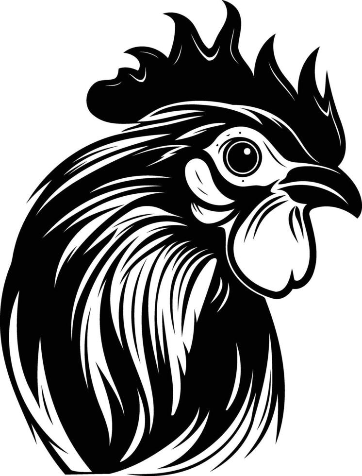 A striking black and white illustration of a rooster s head, perfect for tattoo designs, branding, or any project needing a bold, masculine feel vector