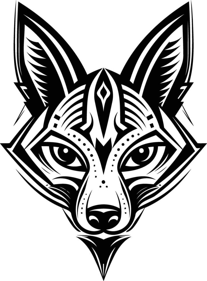 Intricate black and white fox head illustration with tribal geometric pattern, perfect for tattoos, t shirts, logos, and other designs vector