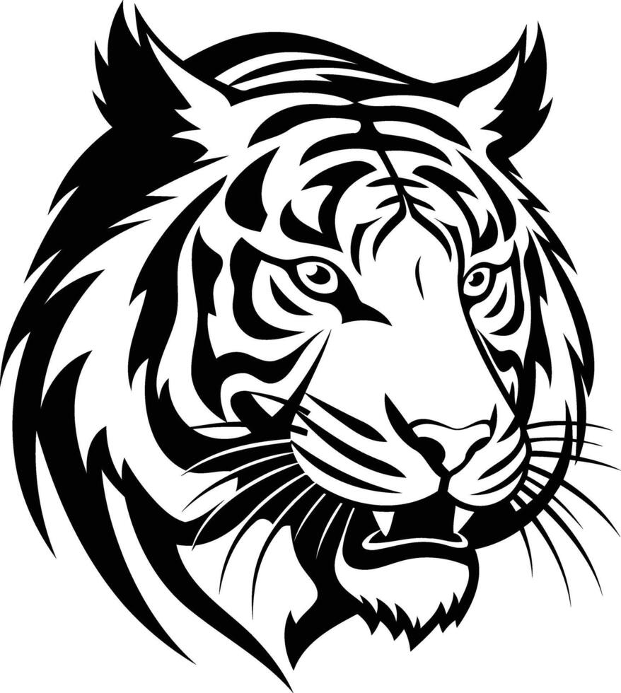 A fierce and striking black and white illustration of a tiger s face, perfect for tattoo designs, branding, or any project needing a powerful animal motif vector