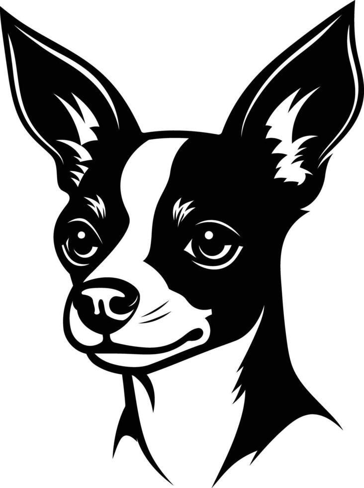 A striking black and white illustration of a chihuahua s head, showcasing its expressive eyes and cute features vector