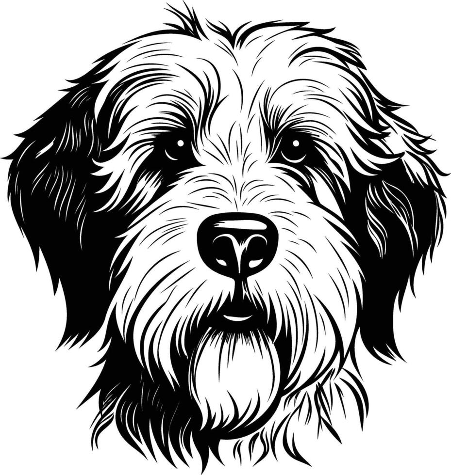 A black and white illustration of a dog s head, featuring detailed fur and a friendly expression vector