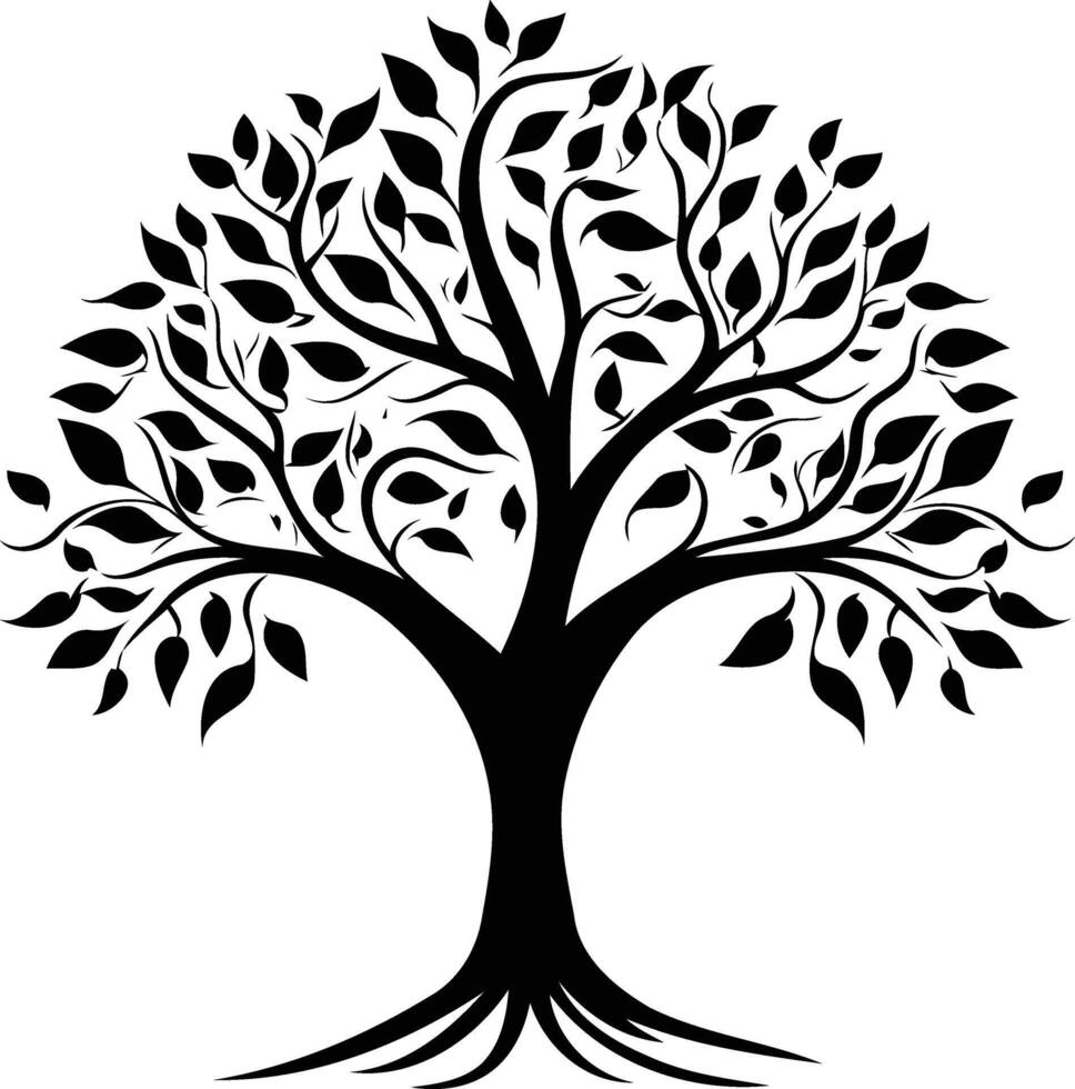 Black and white silhouette of a stylized tree with intricate branches and leaves vector