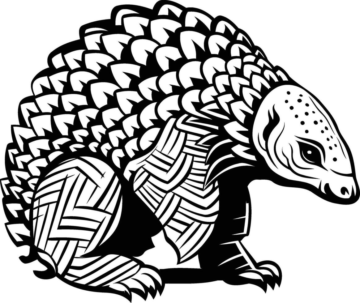 A stylized black and white illustration of a pangolin, perfect for designs focused on wildlife, conservation, or unique animal imagery vector