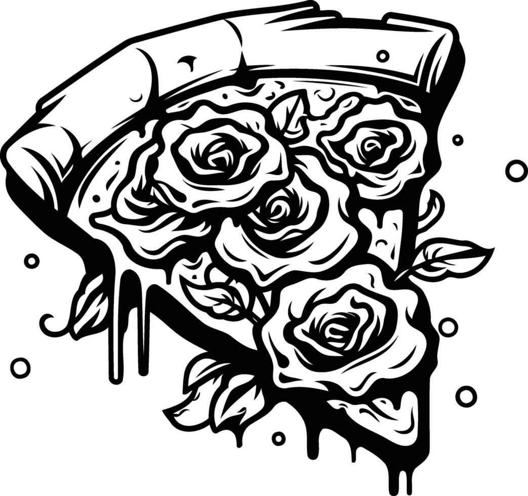 A bold, black and white illustration of a pizza slice adorned with roses vector