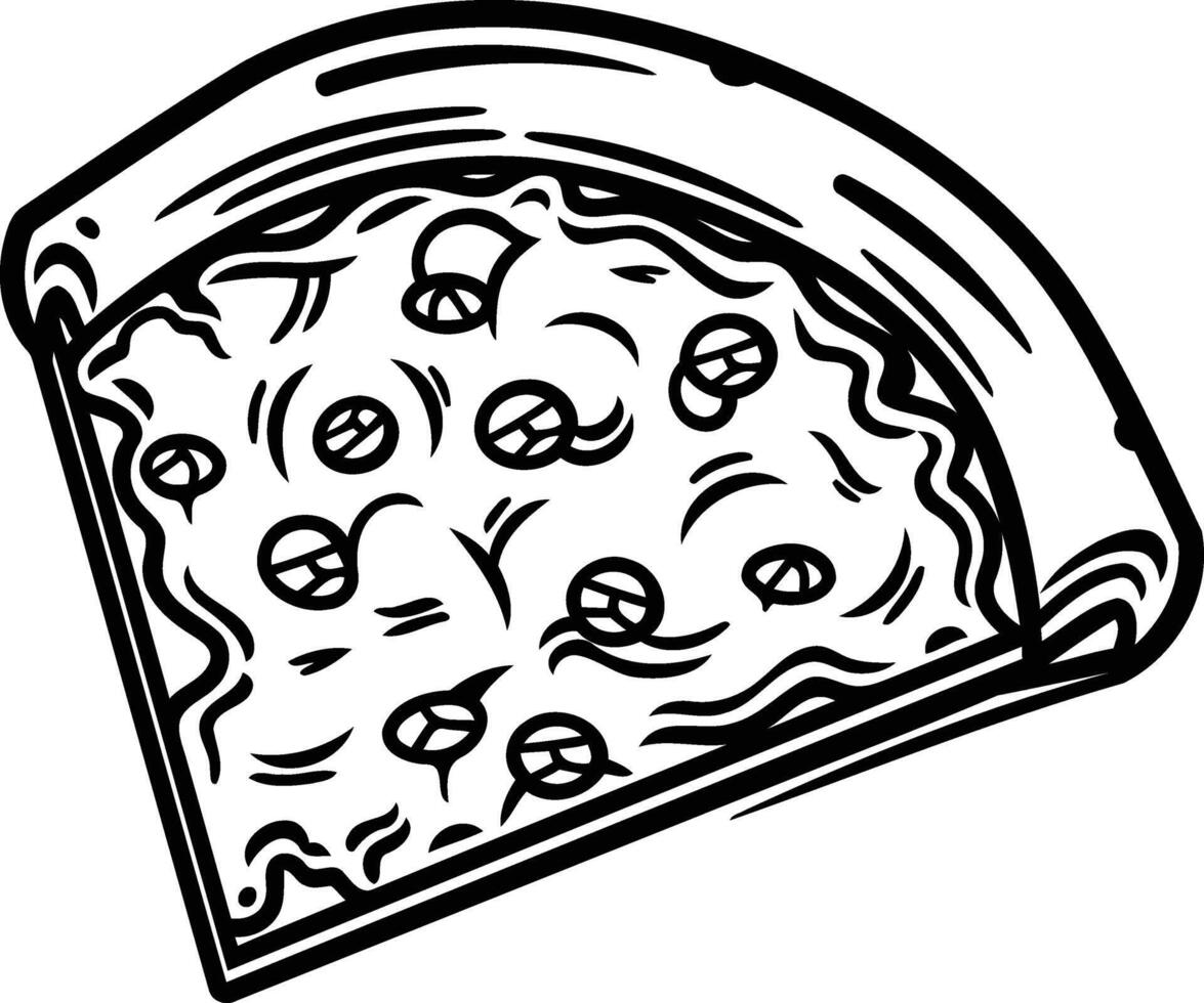 Black and white illustration of a slice of pizza, perfect for food related projects vector