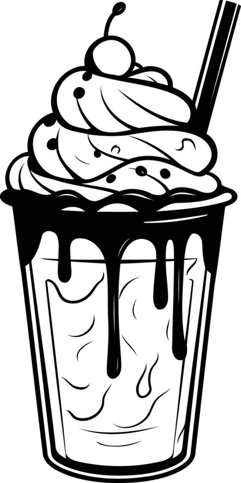 A simple, stylish black and white illustration of a milkshake with whipped cream and a cherry on top vector