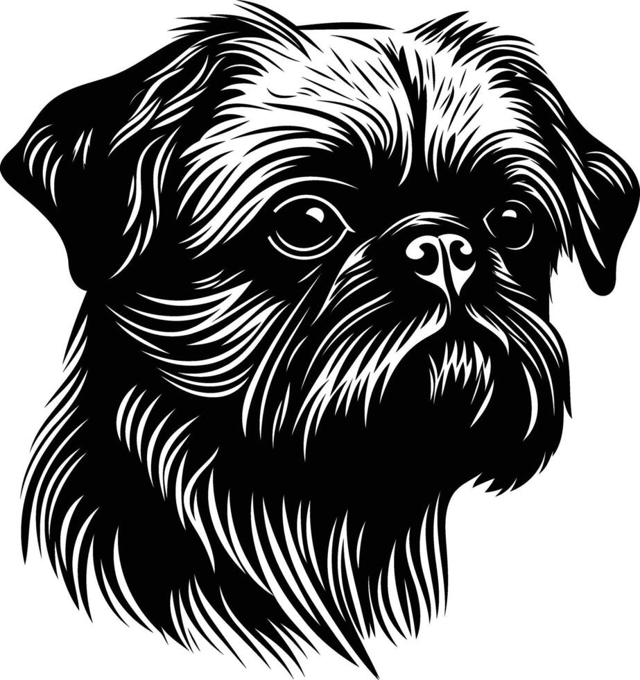 A striking black and white illustration of a brussels griffon dog's head, perfect for pet related designs, tattoos, and branding vector