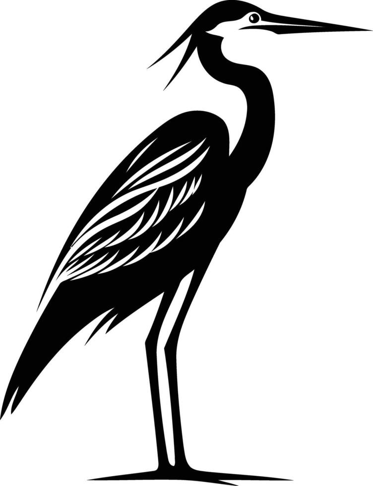 A striking black and white silhouette of a heron, perfect for nature themed designs, logos, or illustrations vector