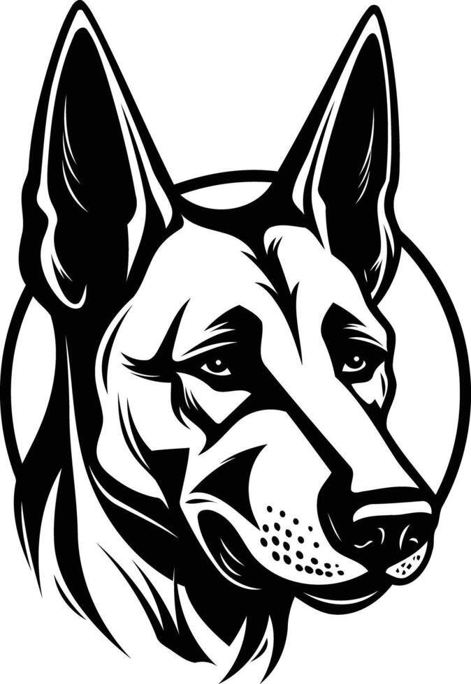 A bold and powerful black and white illustration of a german shepherd's head, perfect for branding, logos, or designs vector