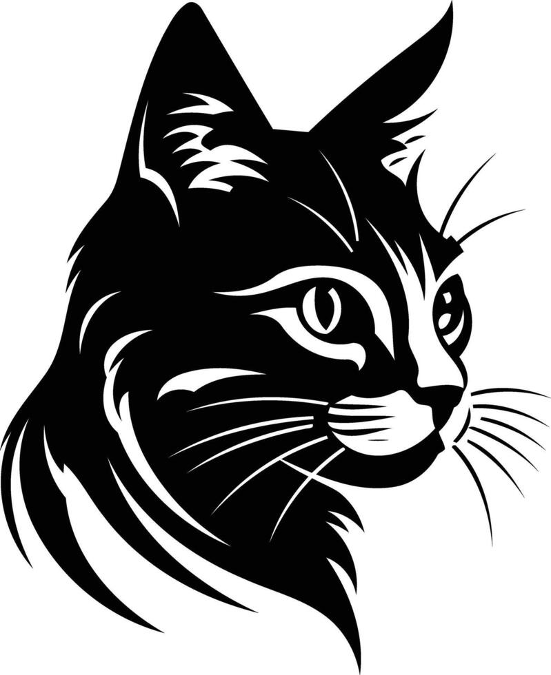 A striking black and white silhouette of a cat's head, perfect for tattoo designs, logos, or any project needing a bold feline aesthetic vector