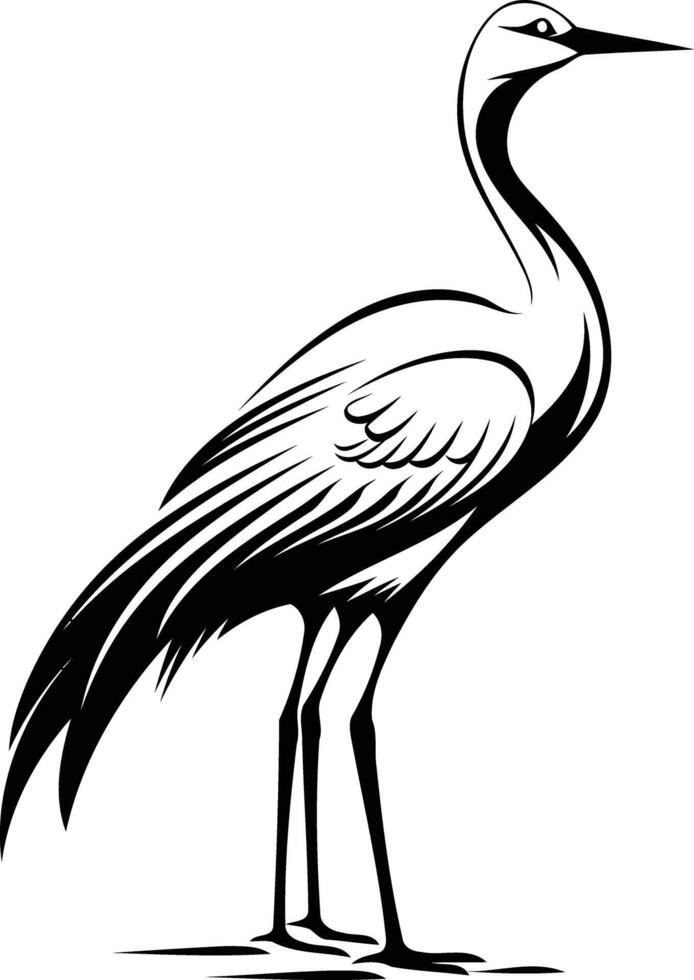 Elegant black and white illustration of a crane, perfect for logo designs, t shirt prints, or wildlife themed projects vector