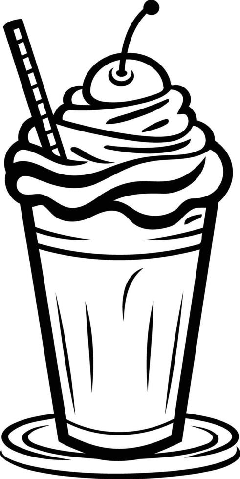 A simple black and white illustration of a milkshake with whipped cream and a cherry on top vector