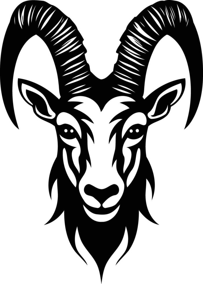A bold and powerful black and white illustration of a mountain goat's head, perfect for logos, t shirts, and branding vector