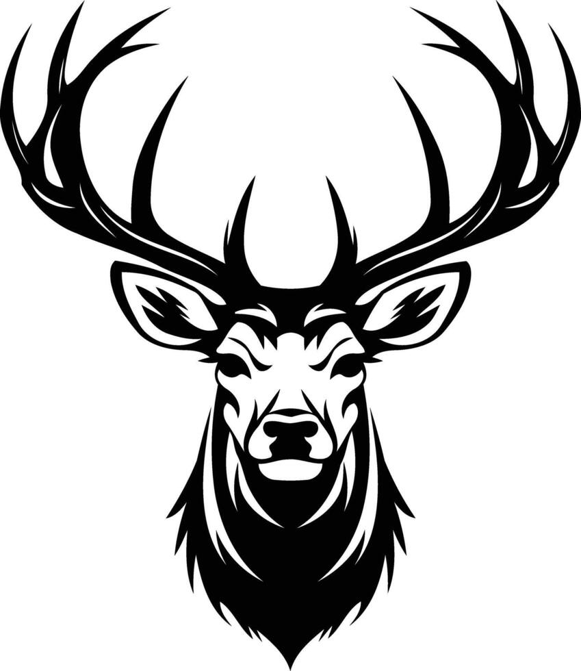 A striking black and white illustration of a stag's head, featuring intricate antlers and a powerful gaze vector