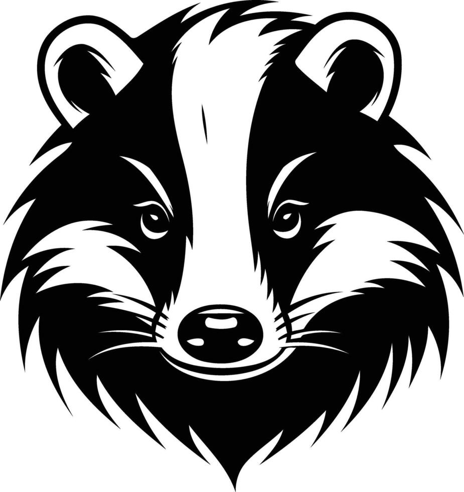Bold black and white illustration of a badger's head, perfect for logos, t shirts, and branding vector
