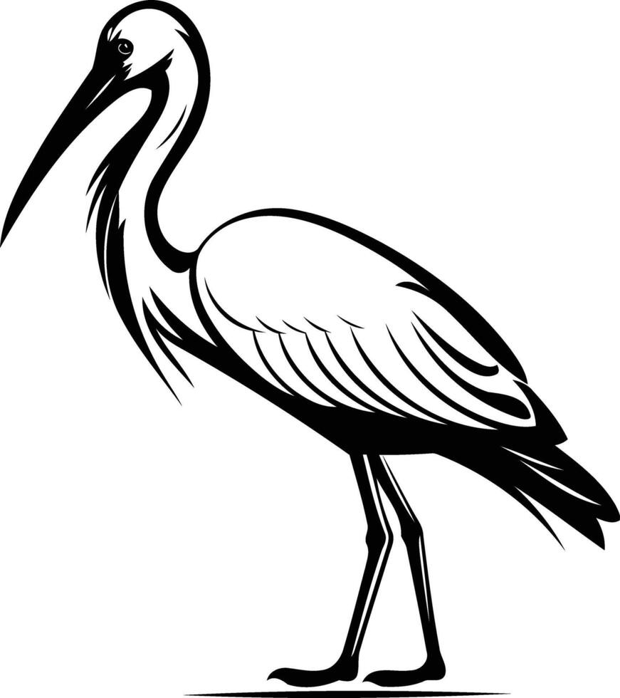 A stylish black and white illustration of a graceful heron standing on one leg vector