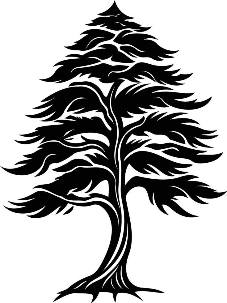 Stylized black and white illustration of a majestic pine tree, perfect for nature inspired designs, logos, or tattoos vector