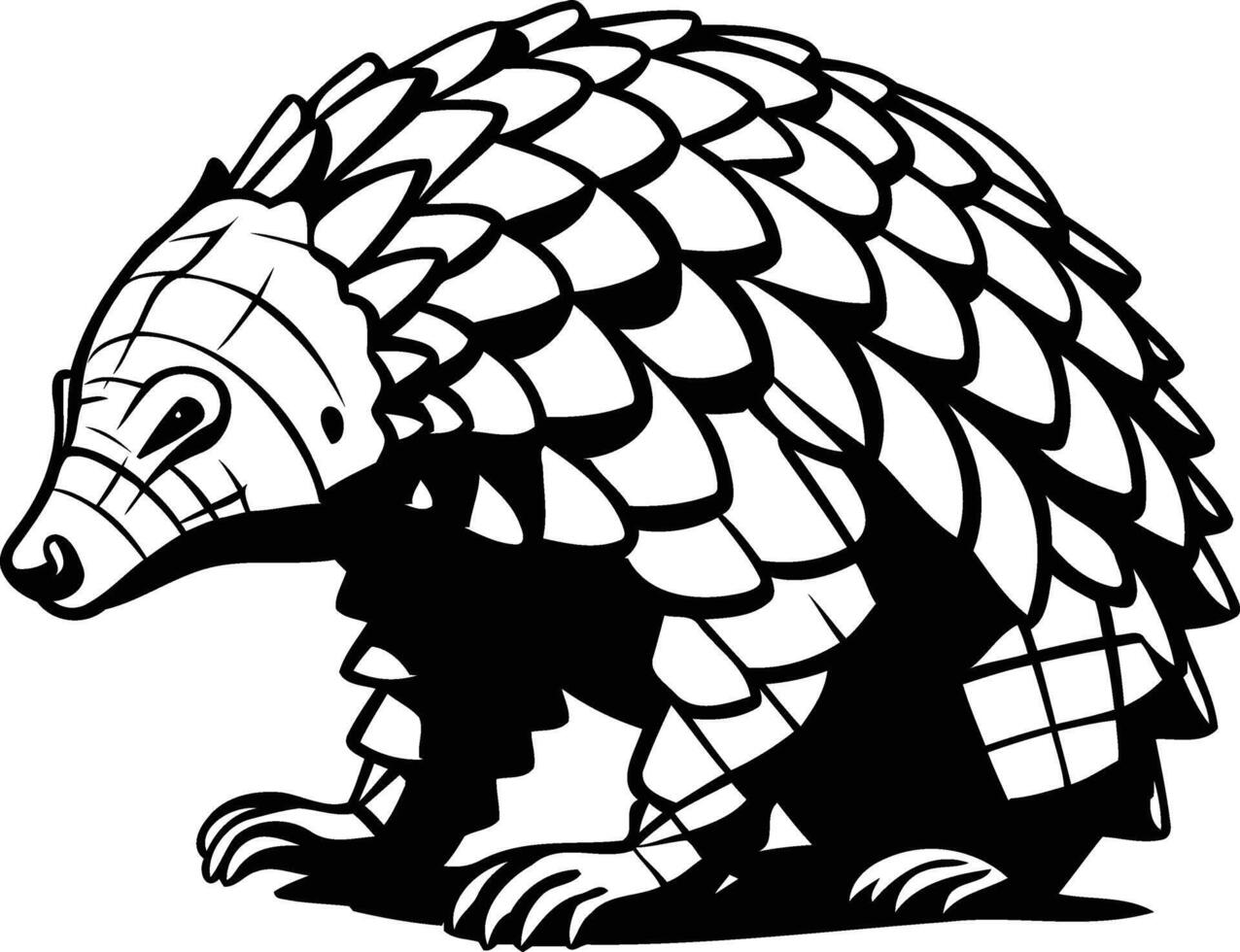 A black and white illustration of a pangolin, a unique mammal with protective scales vector