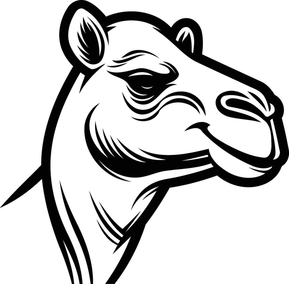 Black and white illustration of a camel head, perfect for tattoo designs, logo creation, or any project needing a bold and striking image vector