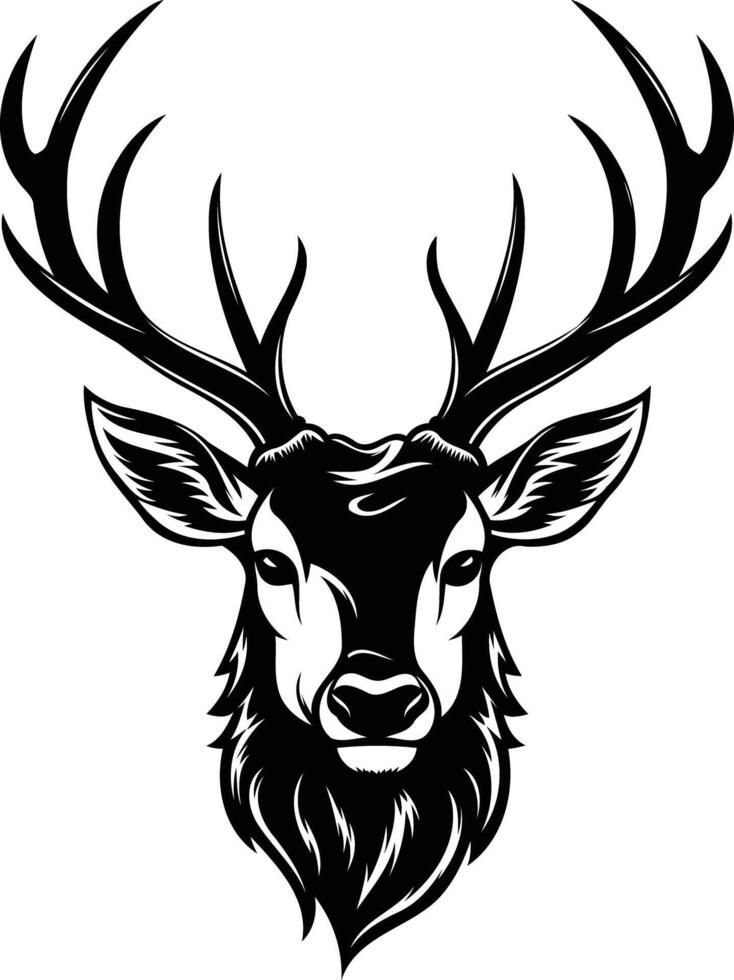 A bold, black and white illustration of a deer's head with antlers vector