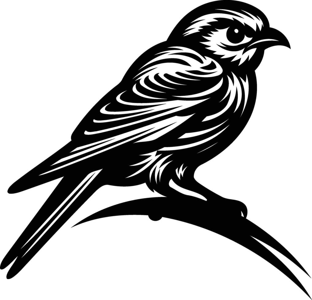 A detailed black and white illustration of a perched bird, perfect for tattoo designs, nature inspired artwork, or branding vector