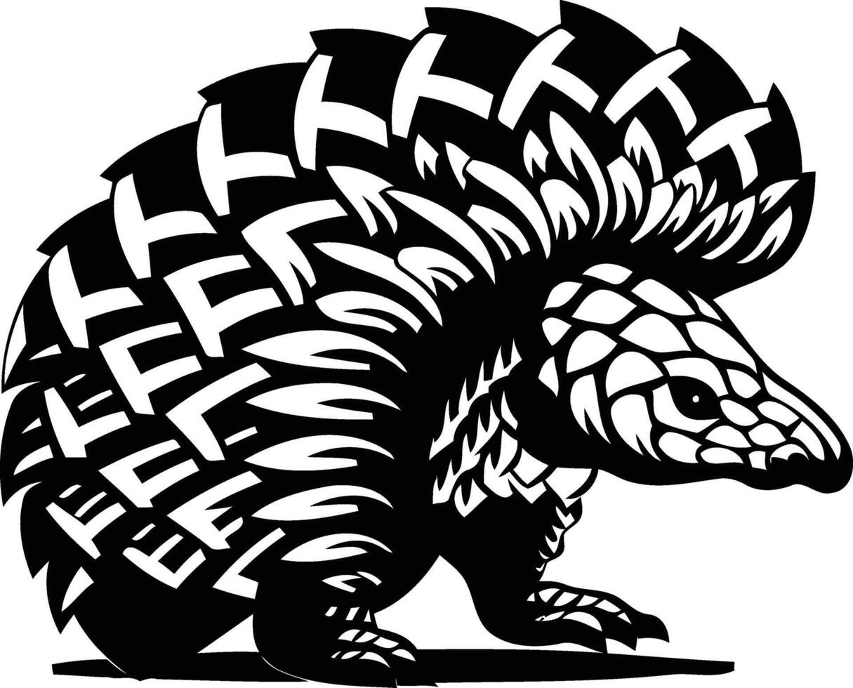 Black and white illustration of a pangolin, a unique and endangered animal, with intricate scales vector