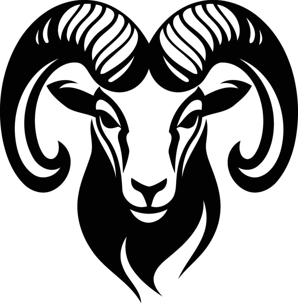 Black and white element illustration of a ram's head with curled horns vector