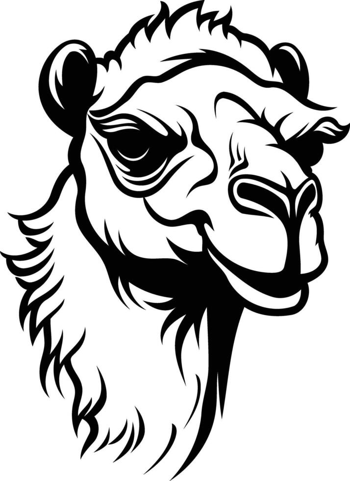 Black and white illustration of a camel's head, perfect for tattoo designs, branding, or any project requiring a powerful, desert themed image vector