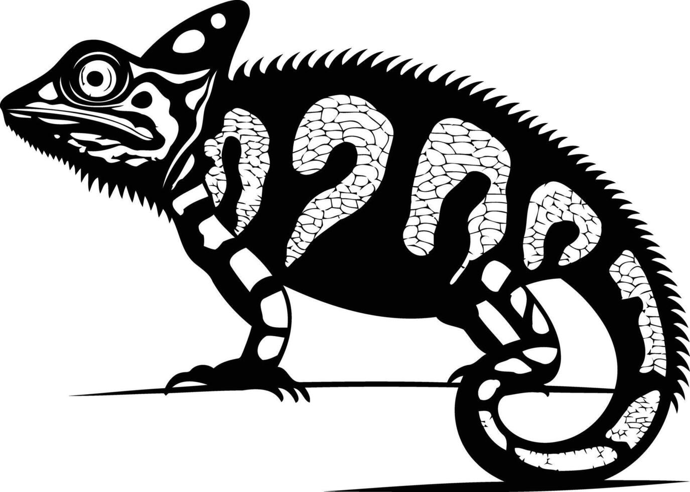 A striking silhouette of a chameleon in black and white vector